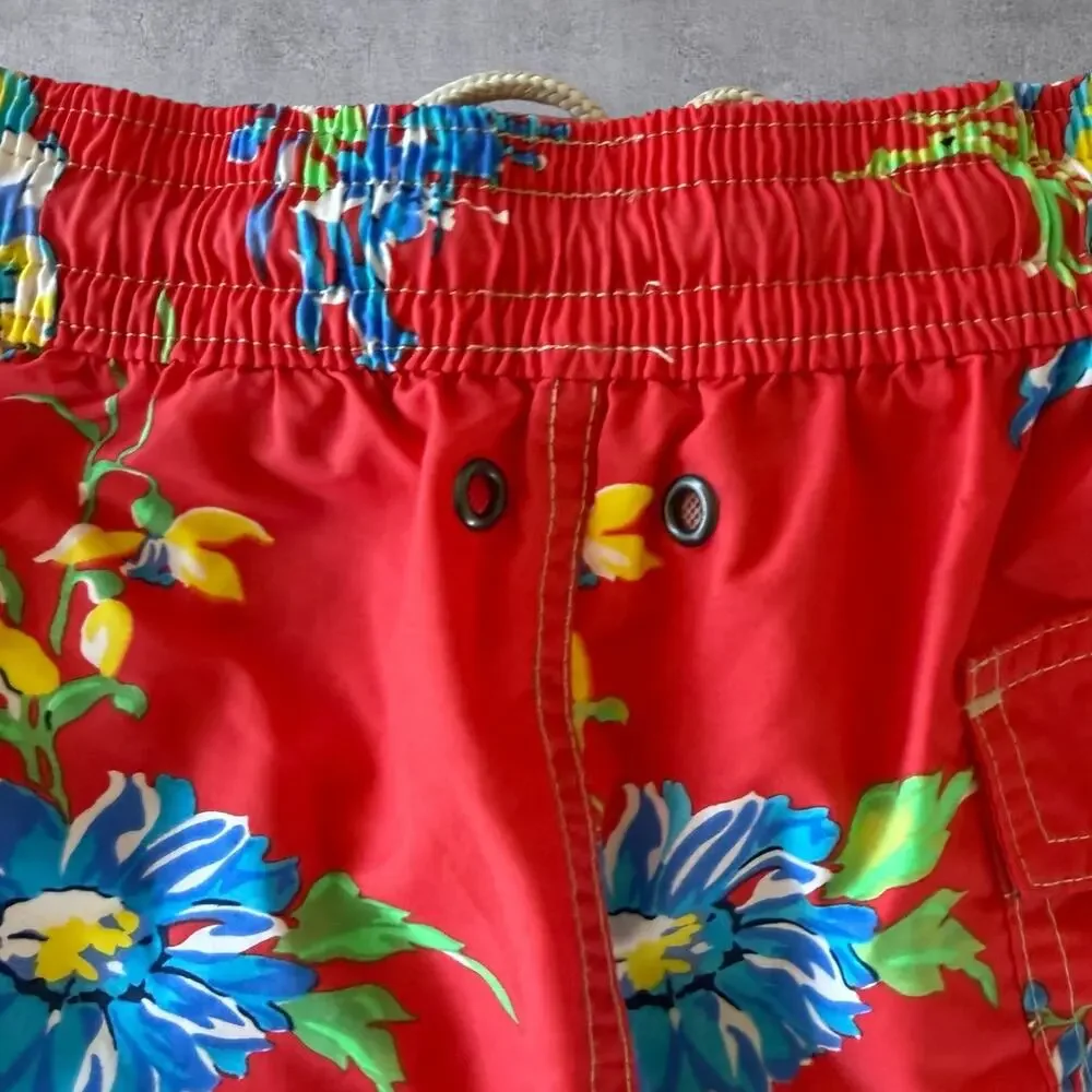 Vintage 90s Polo Ralph Lauren Swim Trunks Shorts Mens Medium M Red Floral Hawaii